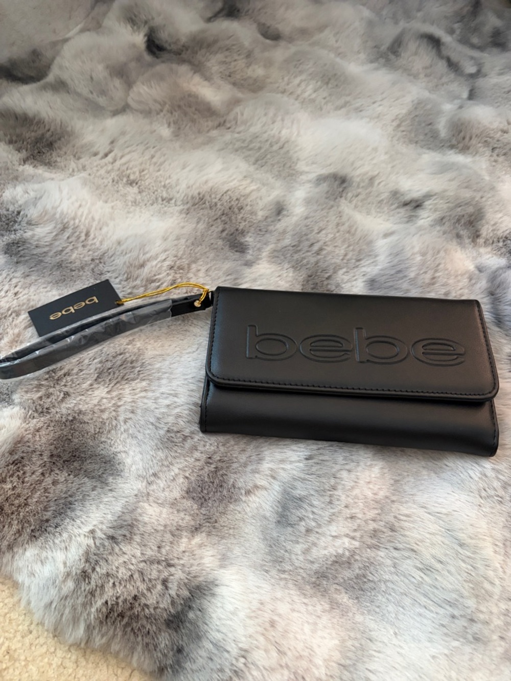 NWT Bebe Black Embossed Logo Clutch Wristlet